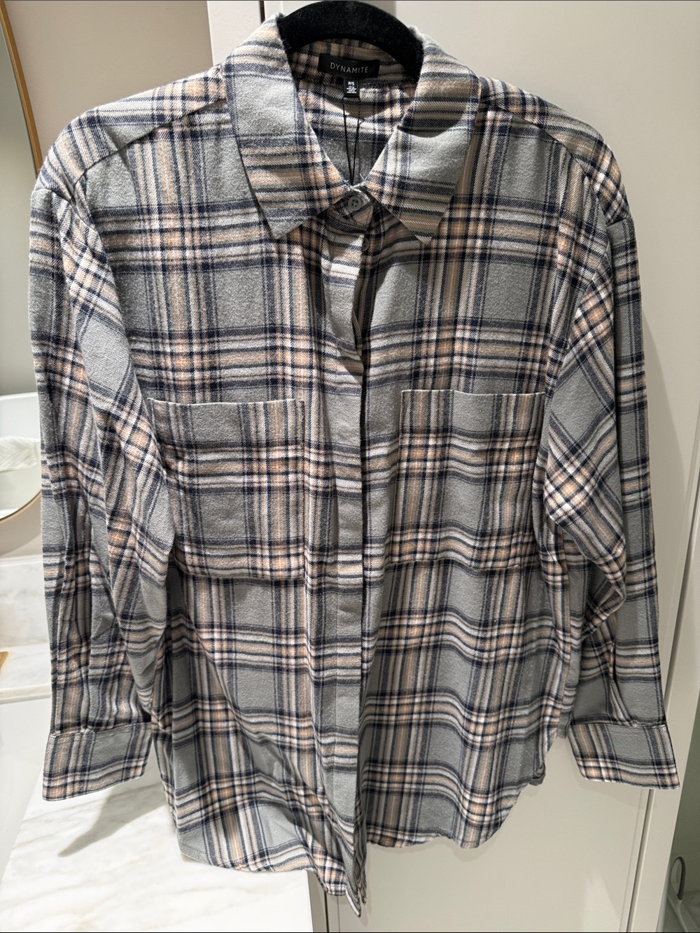 Dynamite Plaid Shirt in Green/Gray and Beige Tones